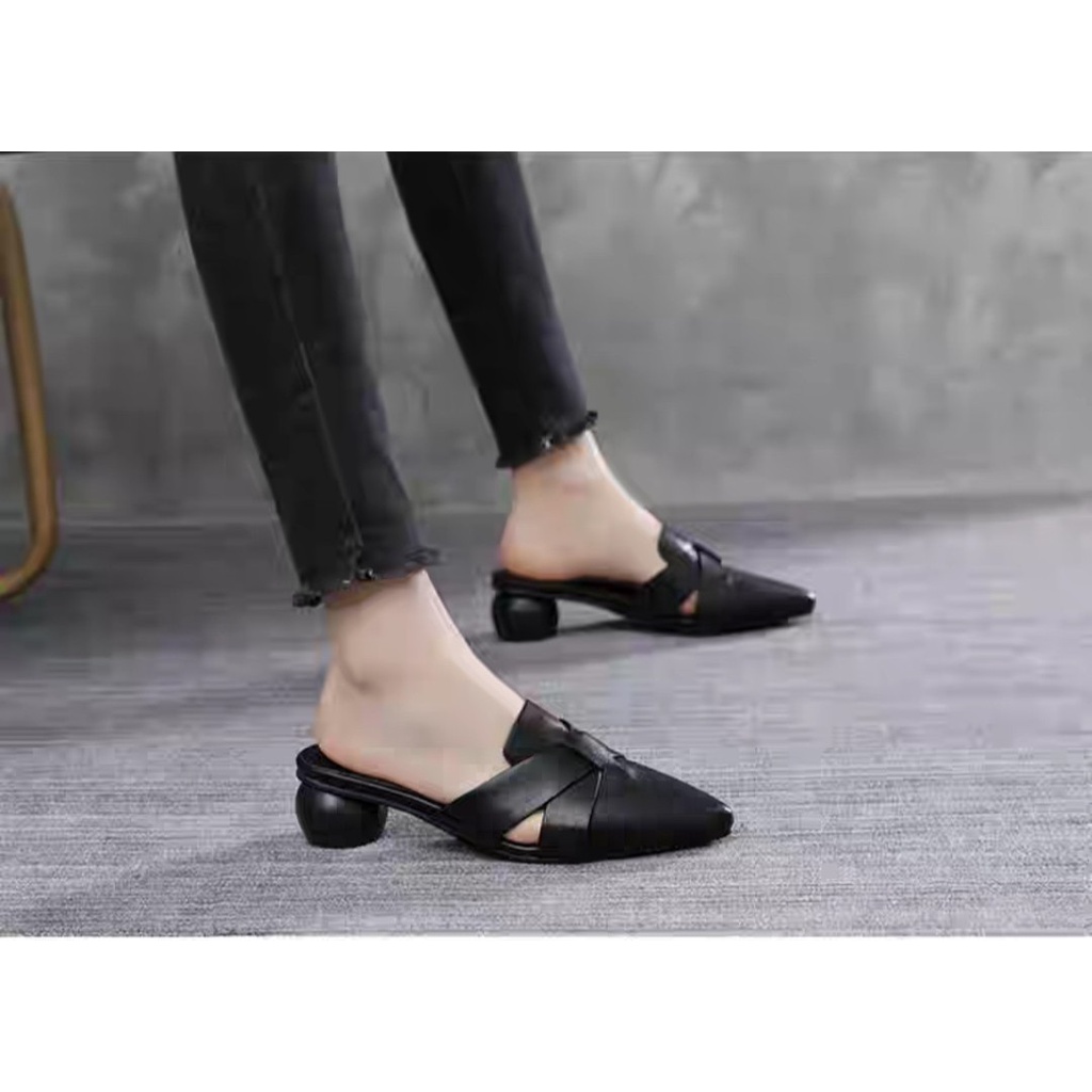 Giày bít mũi gót vuông da lì cao cấp - Giày gót vuông cao 5p - Giày bít mũi