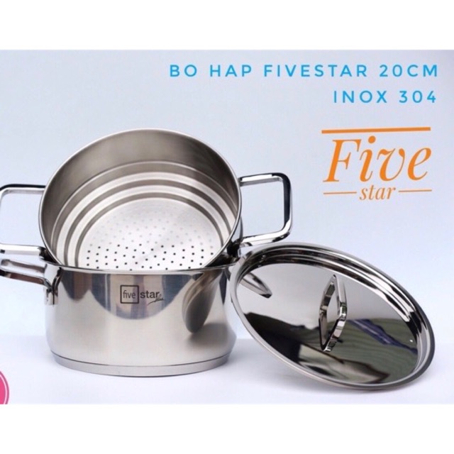 Bộ nồi xửng hấp Inox 3 đáy Fivestar 20cm( INOX 304) nắp inox dùng bếp từ