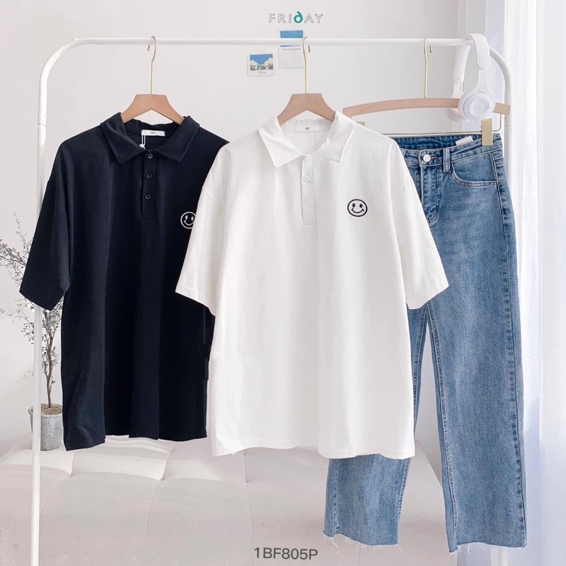 Áo thun polo cổ bẻ thêu mặt cười dáng suông nam nữ | BigBuy360 - bigbuy360.vn