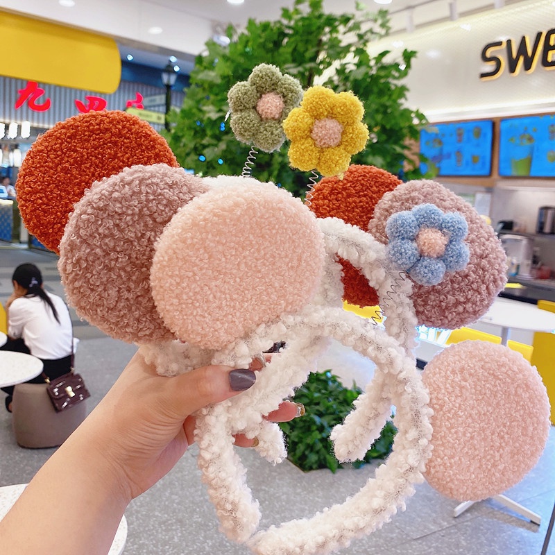 Băng Đô Cài Tóc Hình Tai Chuột Mickey Đính Hoa Dễ Thương Cho Nữ