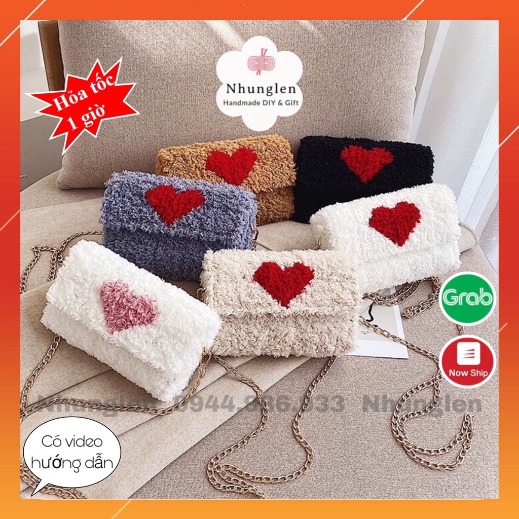 [Có video hướng dẫn] Túi tự đan len phối màu, set nguyên liệu đan túi,San hô lông cừu tình yêu