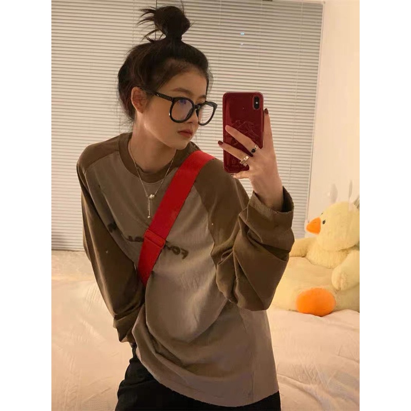 Áo Thun Nữ Tay Dài Dáng Rộng In Chữ Phong Cách retro Mỹ