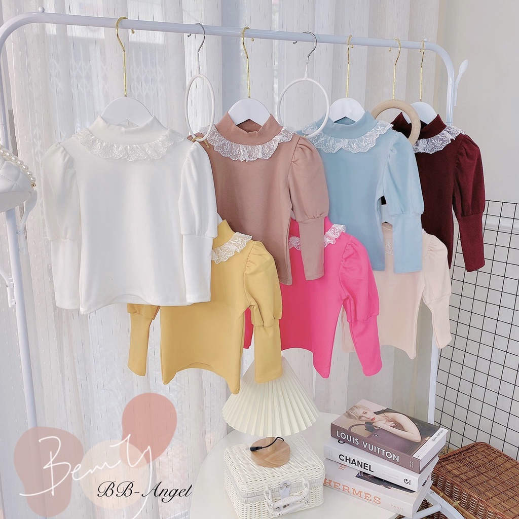 Áo cotton len  cổ 3 phân phối ren cho bé gái