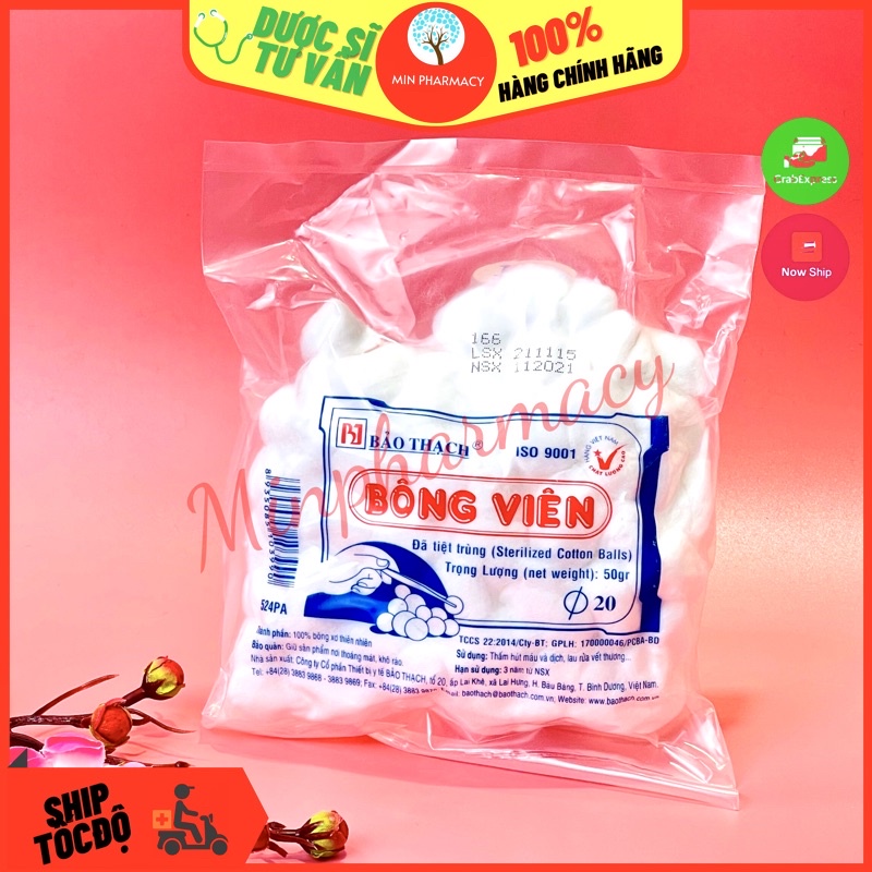 Bông Gòn Viên BẢO THẠCH Đã Tiệt Trùng Túi 50g - Minpharmacy