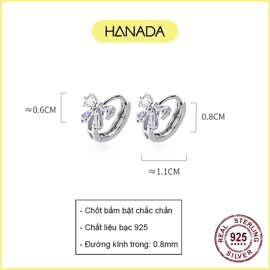 Khuyên Tròn Bạc 925 Hanada Bông Tai Tròn Bấm Bật Nơ Đính Đá Tiểu Thư 1014 D1