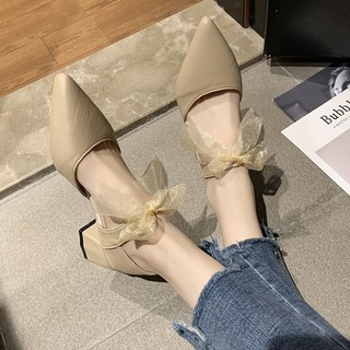 Giày cao gót mũi nhọn thắt lơ gót vuông đế 4-5 phân phong cách bánh bèo ( ảnh thật ở cuối)