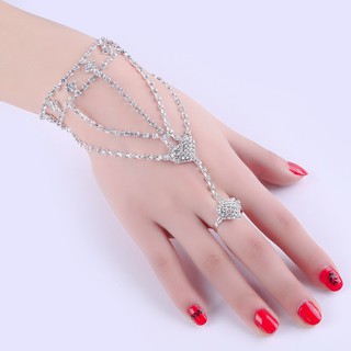 Lắc Tay Bạc Nữ Free Size Họa Tiết Pha Lê Chuỗi Liền Nhẫn Phù Hợp Dạ Tiệc Cô Dâu