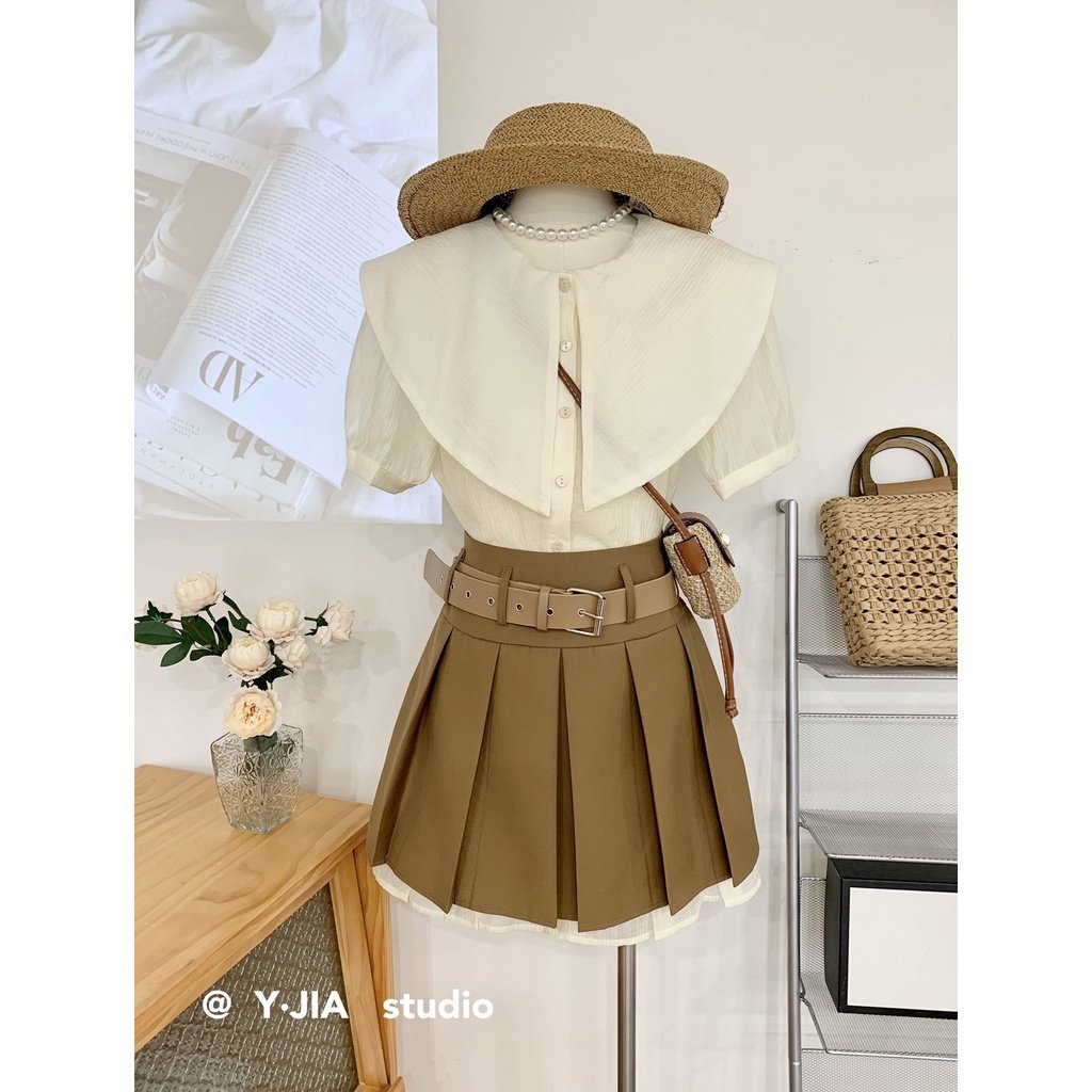Set đồ nữ - Sét áo sơ mi cổ sen, mix chân váy xếp ly 2 tầng kèm dây lưng nâu cực xinh xắn Chang Bi Shop