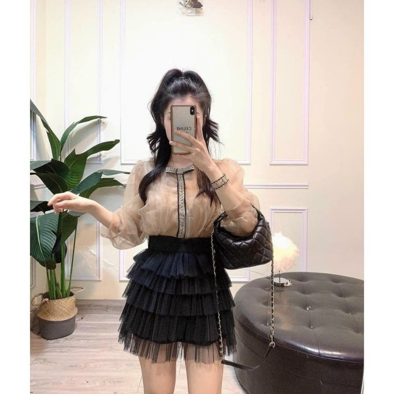 Váy lưới ngắn nhiều tầng may kèm quần  (Y HÌNH 100%)