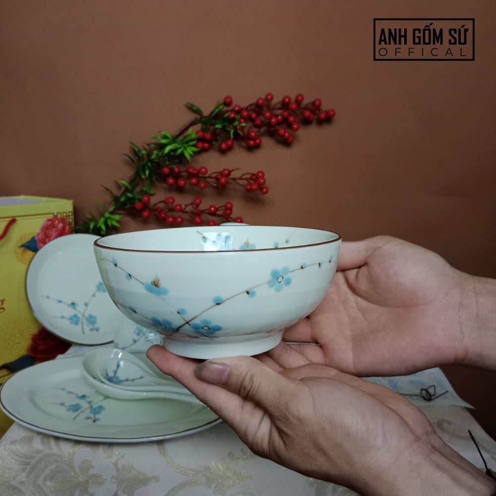 Bộ bát đĩa sứ Bát Tràng, bộ chén dĩa men kem họa tiết đào xanh cao cấp 13 chi tiết, bán lẻ các món