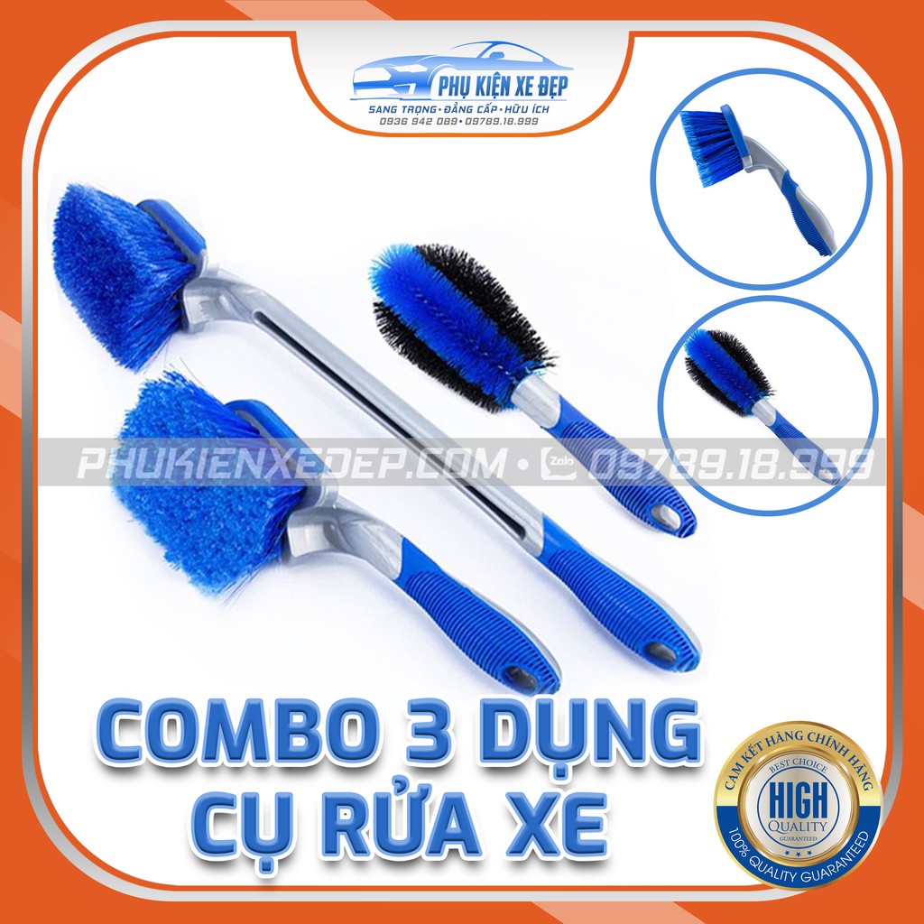 Dụng Cụ Rửa Xe Ô Tô, Xe Máy ⚡FREESHIP⚡ - Bộ combo 3 bàn chải cọ rửa bánh xe, kết hợp vệ sinh cho hộ gia đình màu xanh