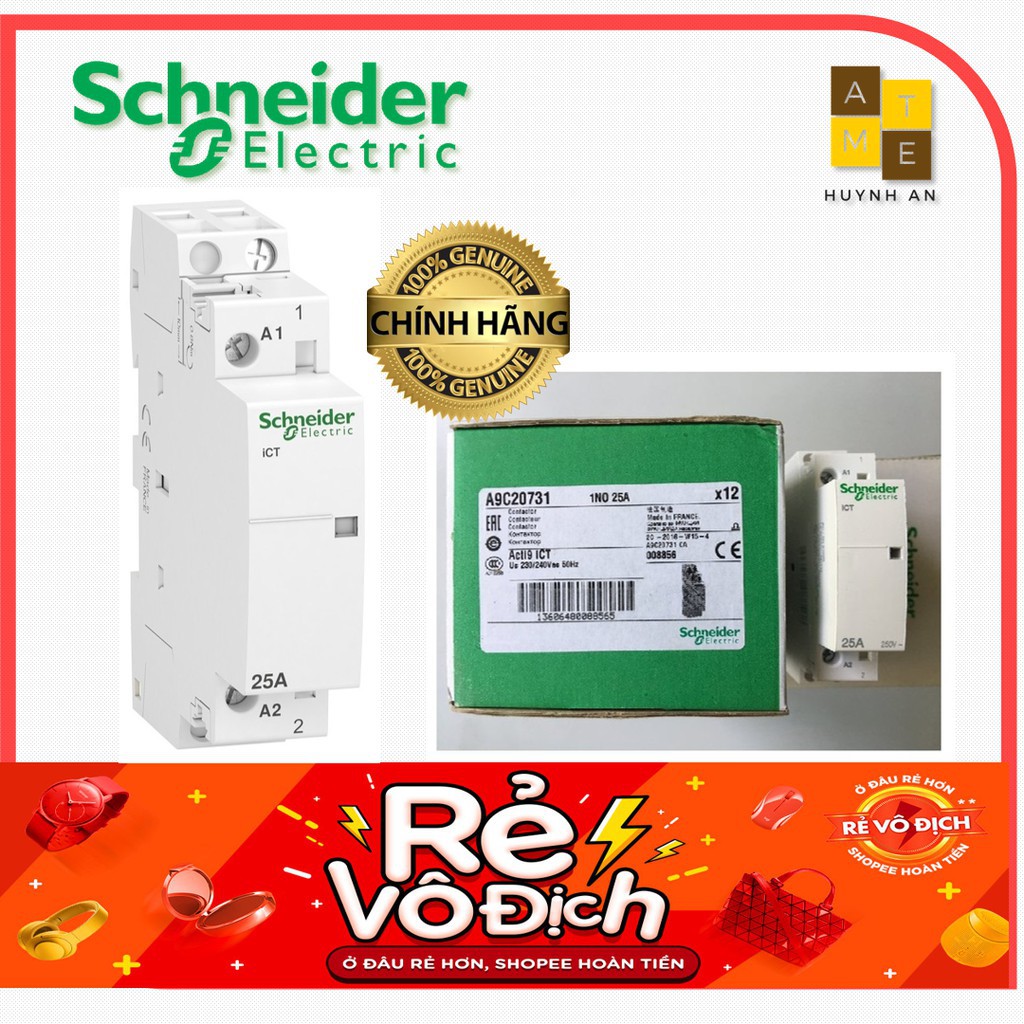 Khởi động từ 1P A9C20731  tiếp điểm 1NO , 25A điện áp cuộn dây 230/240VAC Acti9  - Hãng Schneider