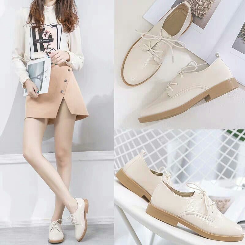 Giày Da Pu Gót Thấp Mũi Tròn Cột Dây Phong Cách Vintage Cho Nữ