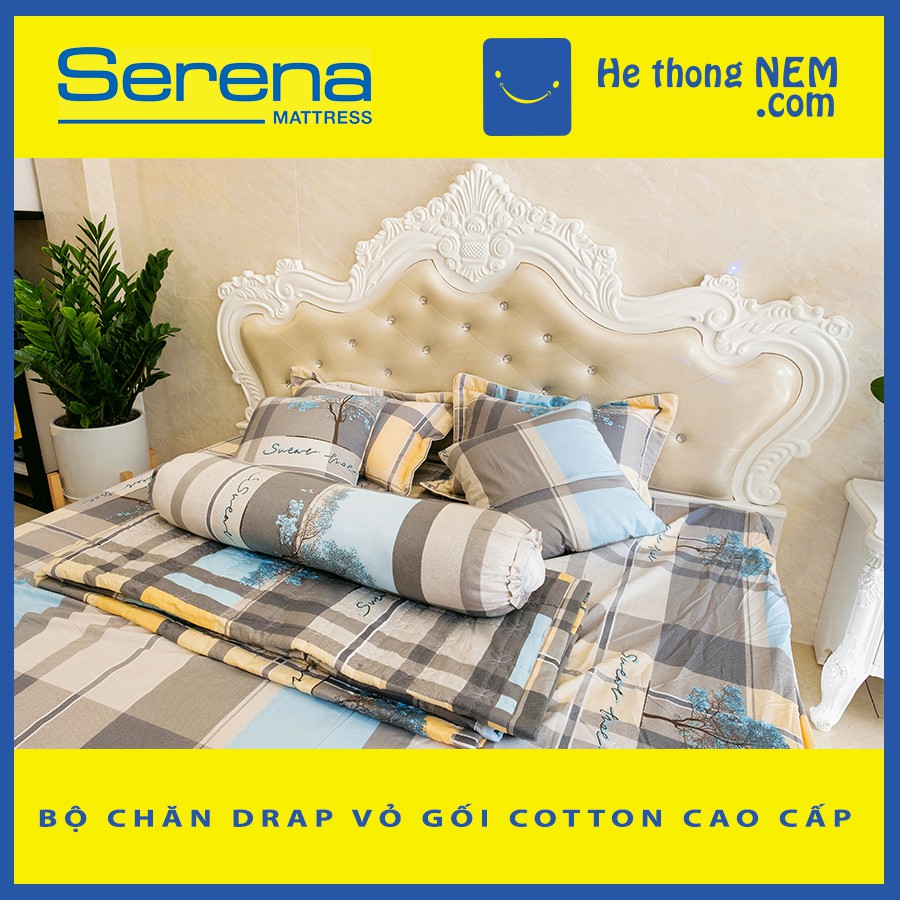 Bộ ga giường Cotton SERENA ga chun cao cấp bộ chăn ga vỏ gối 7 món chần bông - Hệ Thống Nệm