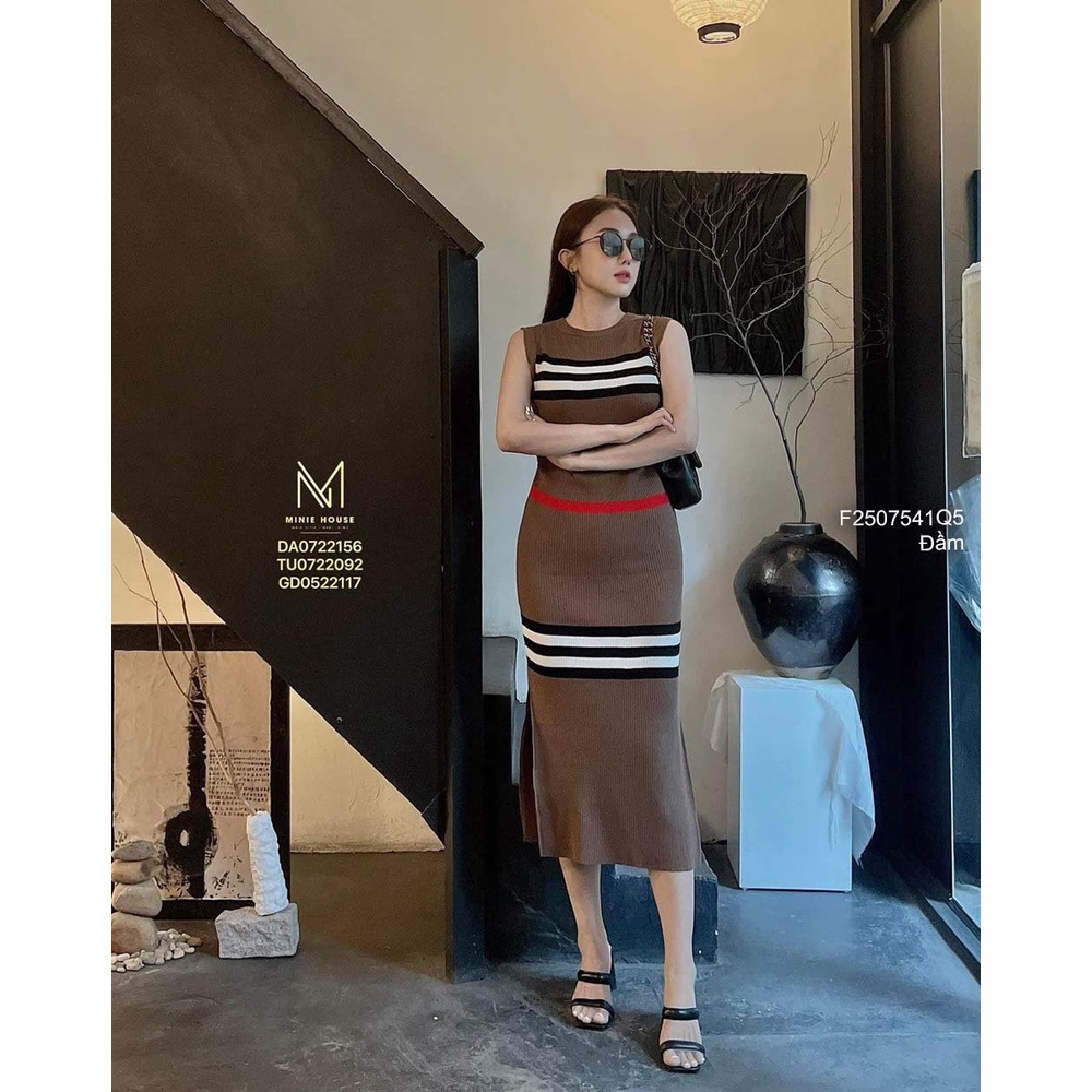Đầm body len phối kẻ sọc xẻ tà dáng dài sát nách hàng QC