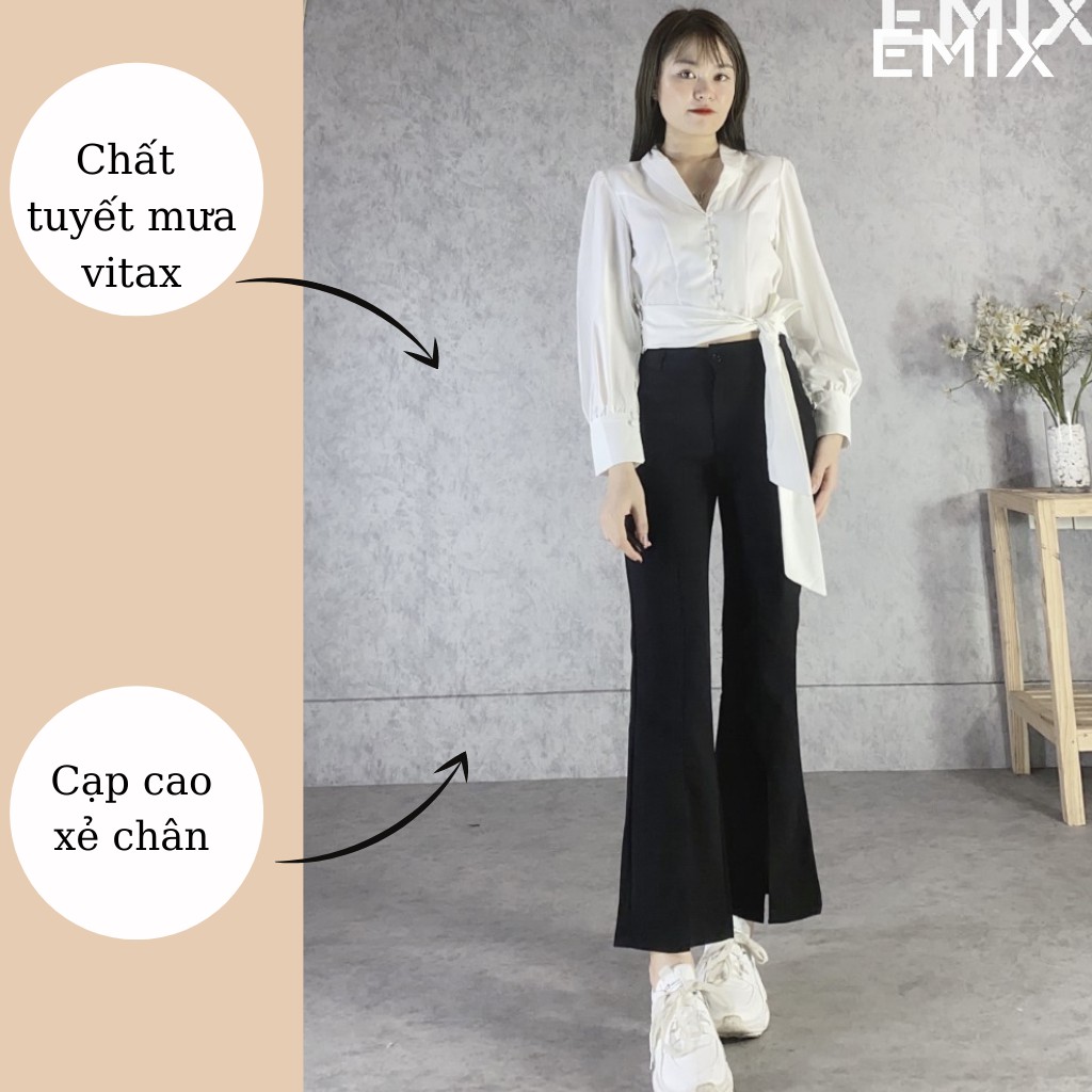 Quần tây nữ công sở ống loe xẻ trước EMIX (màu đen), cạp cao, dáng dài 92cm, khóa trước, xẻ vừa, chất tuyết mưa 2026