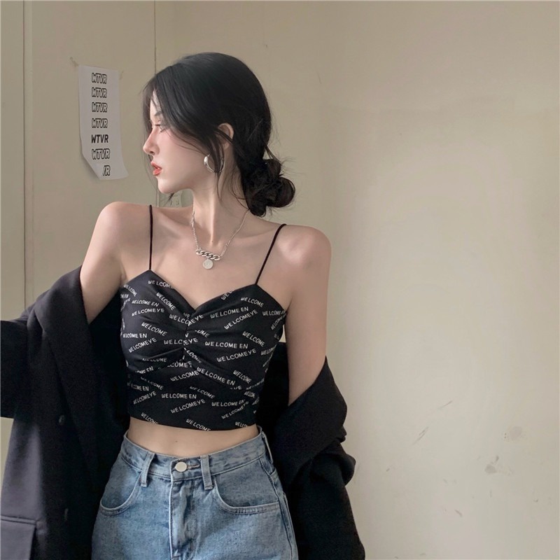 Áo hai dây ZHELIHANGFEI họa tiết chữ in thời trang dành cho nữ