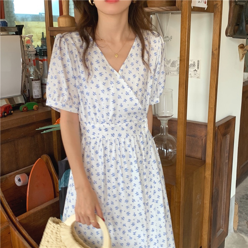 Đầm maxi nữ SUXI tay ngắn cổ chữ V in hoa phong cách Hàn Quốc