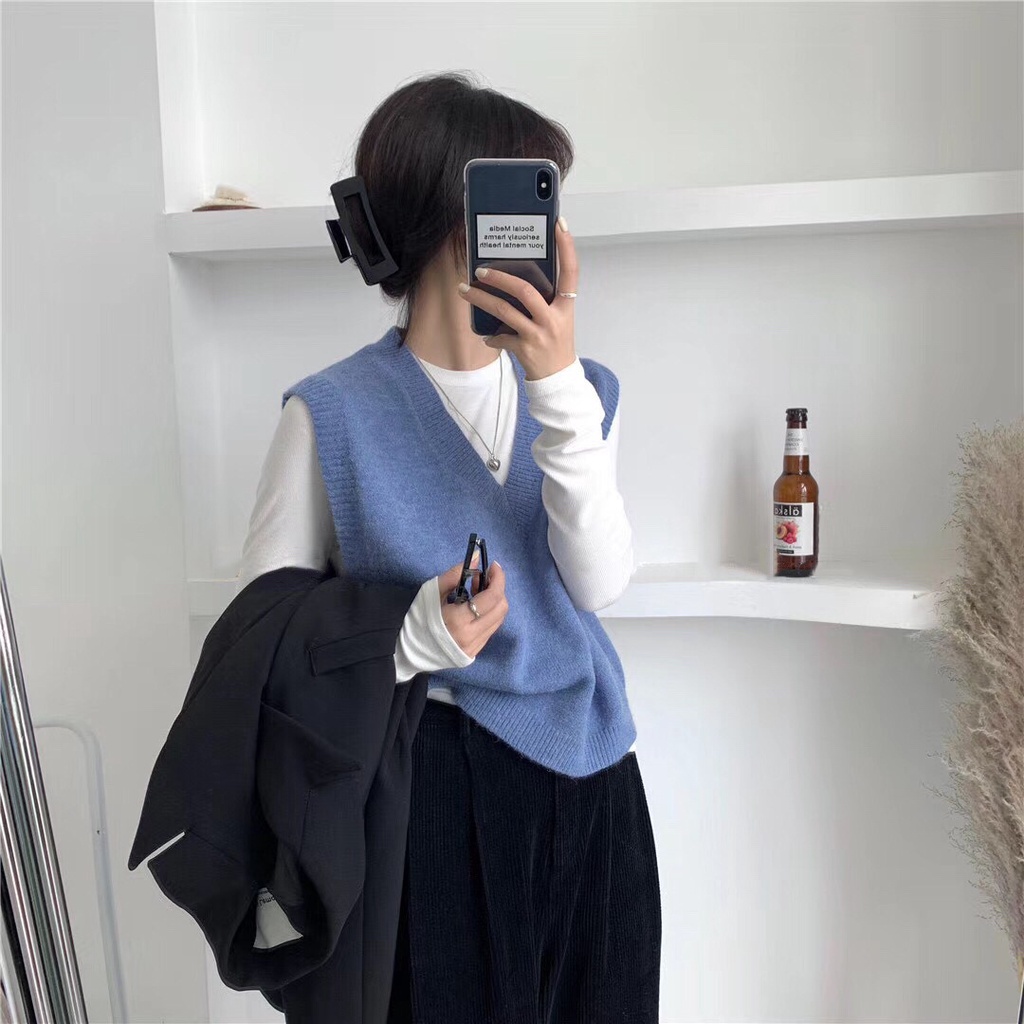 Áo vest len gile cổ V màu trơn đơn giản vintage form thụng style Hàn Quốc