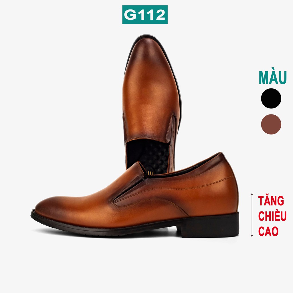 Giày da nam tăng chiều cao da bò nappa cao cấp, giày lười màu nâu G112- Bụi leather- hộp sang trọng -BH 12 tháng