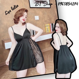 Váy đầm ngủ 2 dây phối ren sexy màu trơn freesize 42-57kg