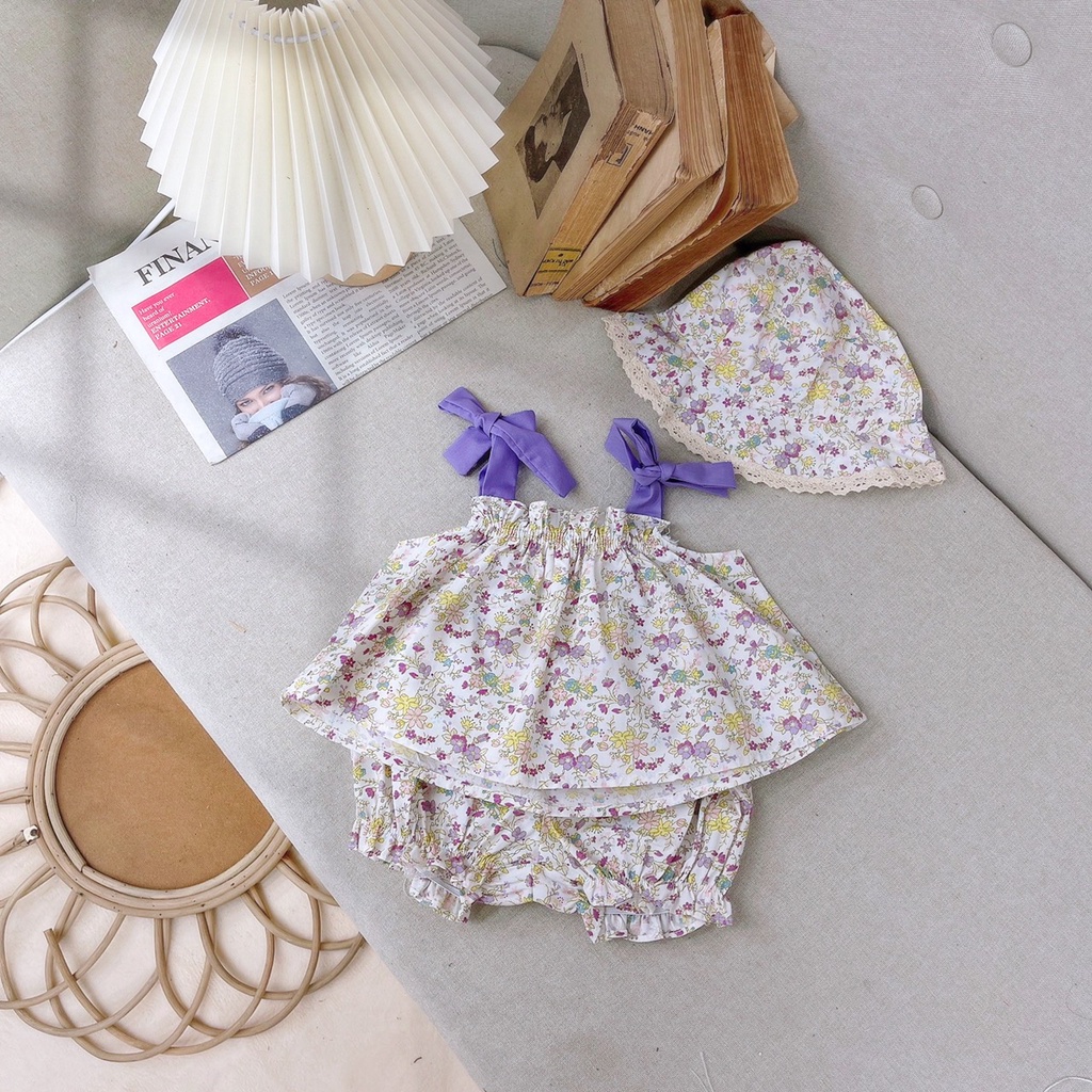 Đồ bộ 2 dây cột nơ tặng nón cho bé gái sơ sinh 1 2 3 tuổi MINTSCLOSET Mint's Closet - GA2057