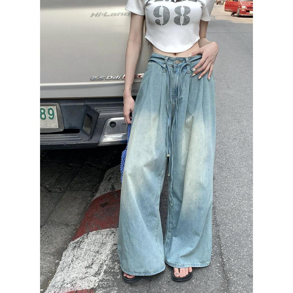 62667 Quần Denim Ống Rộng Dây Rút Màu Sắc Tươi Sáng Mùa Hè Miễn Phí 2 Dây