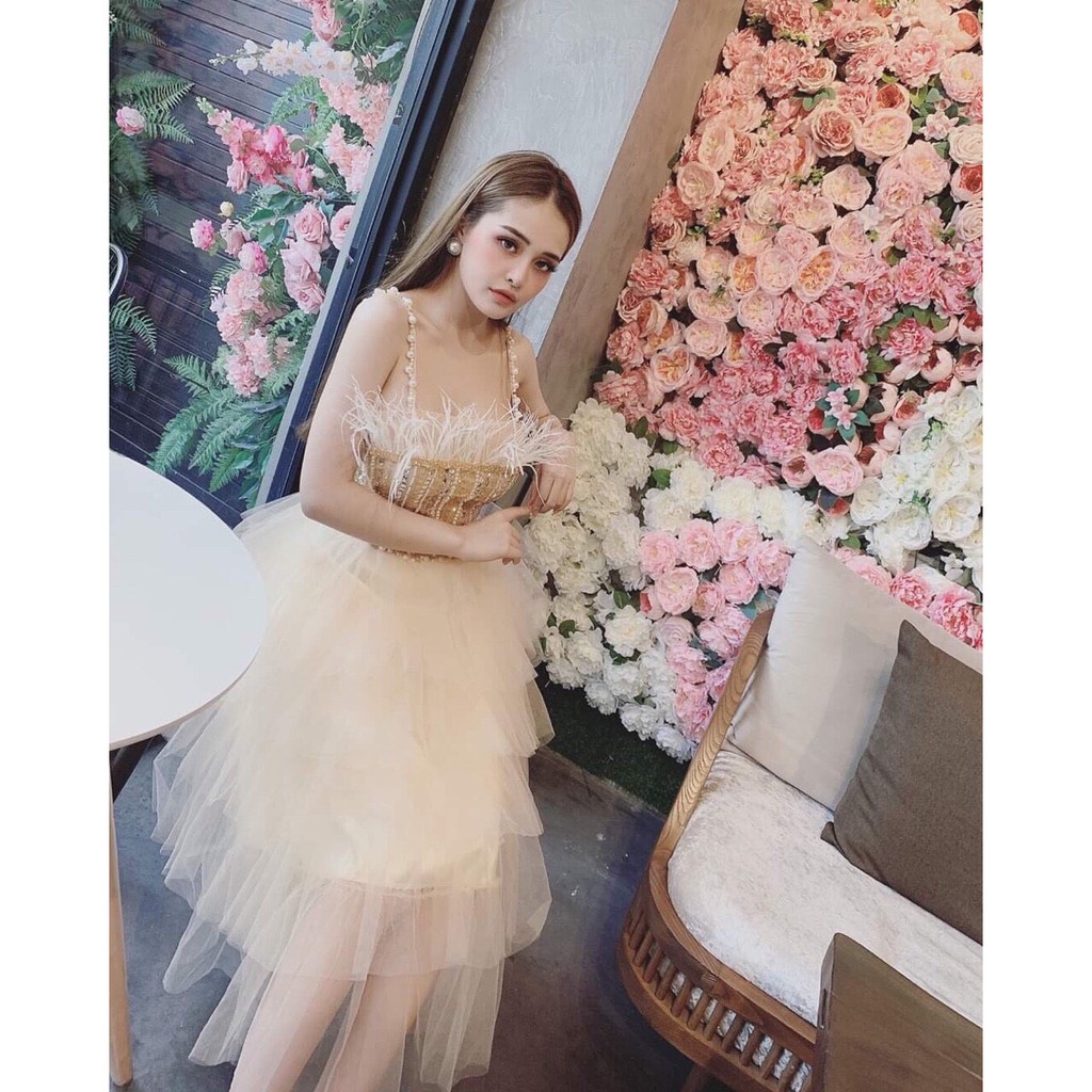 ẢNH VÀ VIDEO thật 1000%   Đầm xoè 2 dây xếp tầng kết cườm sang trọng