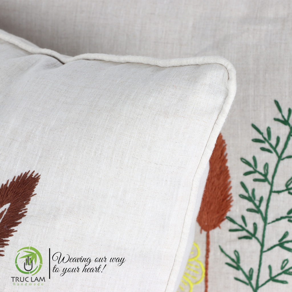 Gối/Vỏ Gối Vuông Tựa Lưng Sofa (45x45) Trang Trí Phòng Vải Linen Thêu Thủ Công Cánh Đồng Hoa Vàng – Trúc Lâm Handmade