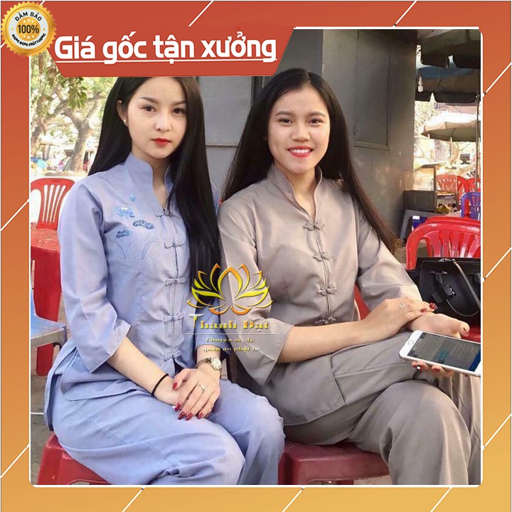 Áo Lam Đi Chùa Bộ Đi Chùa Cổ Tàu Thêu Sen Vải Đẹp Mịn Thoáng Mát, May Thêu Cẩn Thận Mặc Thoải Mái Kín Đáo Khi Đi Lễ Chùa