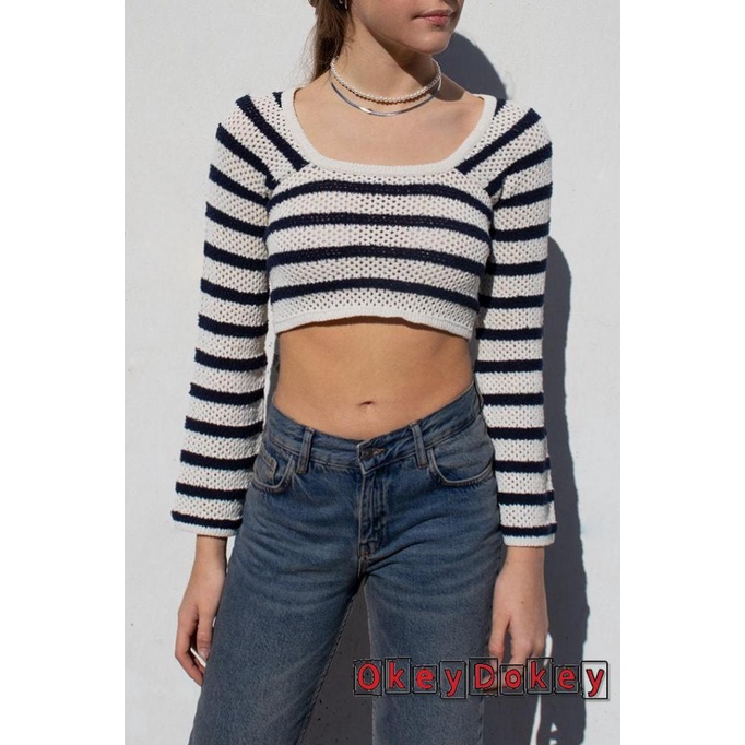 Áo Croptop Dệt Kim Tay Dài Cổ Thuyền Dáng Ôm In Họa Tiết Kẻ Sọc Xinh Xắn Cho Nữ