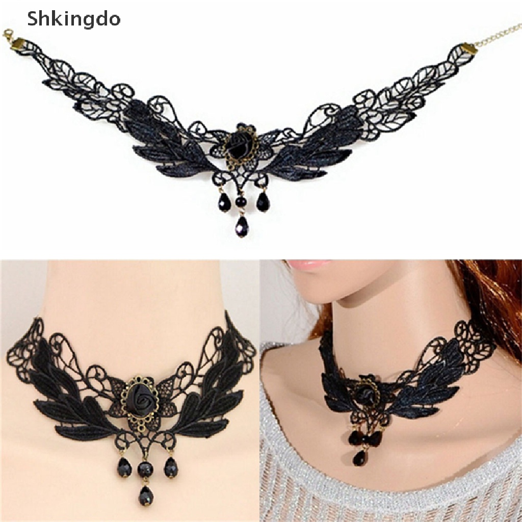 Vòng cổ choker ren đính đá hình giọt nước màu đen phong cách Lolita thời trang cho nữ