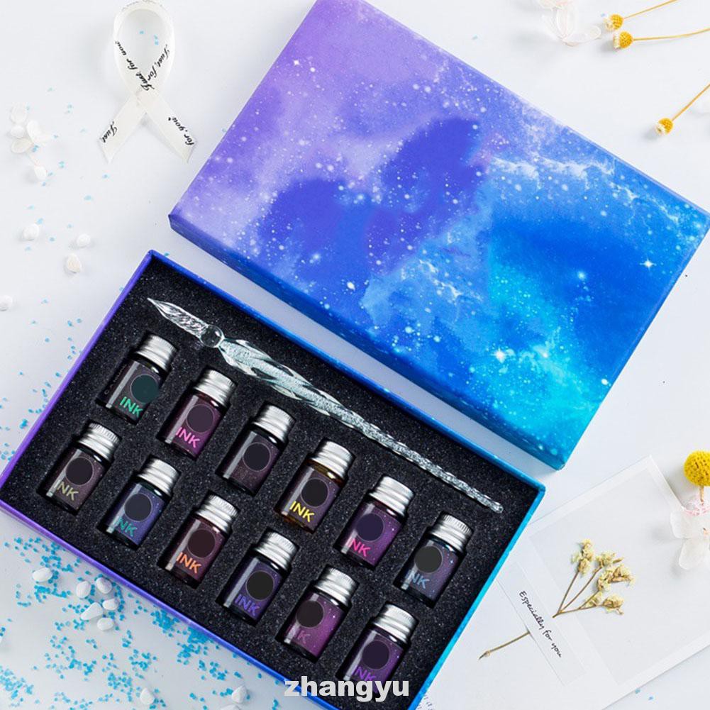 13pcs Stationery Supplies Artisit Signature Calligraphy Art School Crystal Starry Sky Glass Dipped Pen Ink Set