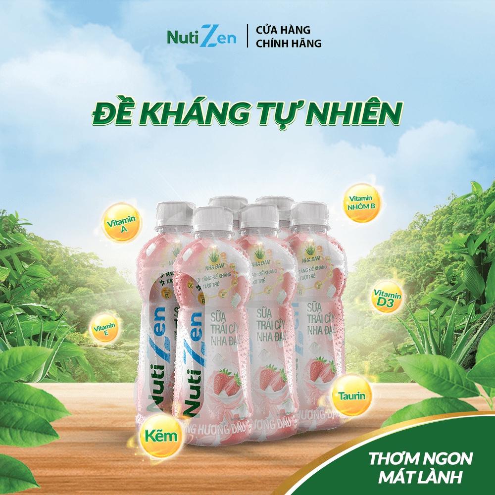 Lốc 6 chai Thức Uống Sữa Hương Dâu Sữa Trái Cây Nha Đam Nutizen 290ml/chai