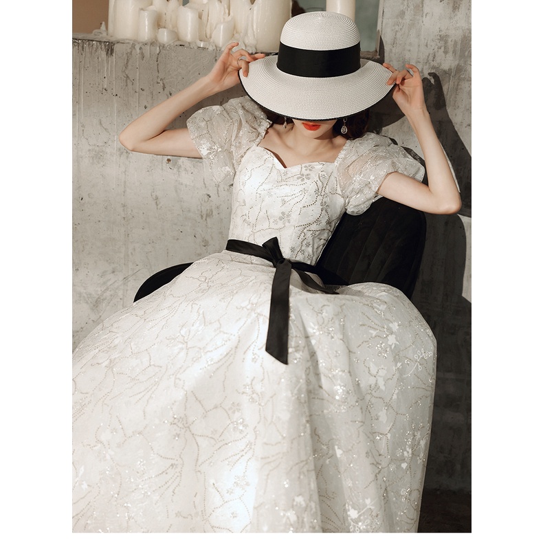 Đầm Dài Dự Tiệc Tối Màu Trắng Phong Cách Pháp 2022 Mới