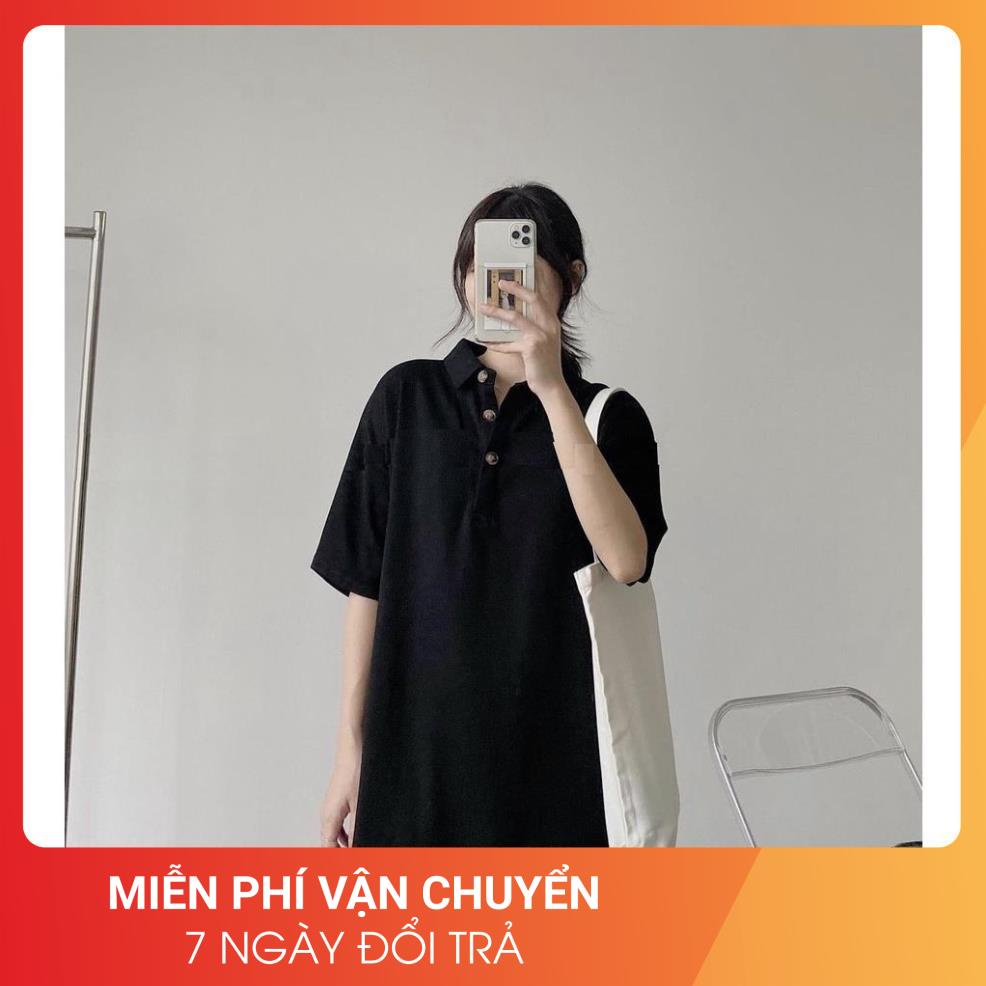 Váy Polo Đen Phối Cúc Đồng 24AP Nữ [FREESHIP] 🌸 Đầm cổ bẻ dáng suông tay lỡ form rộng học sinh vintage đẹp Ulzzang 🌸 | BigBuy360 - bigbuy360.vn