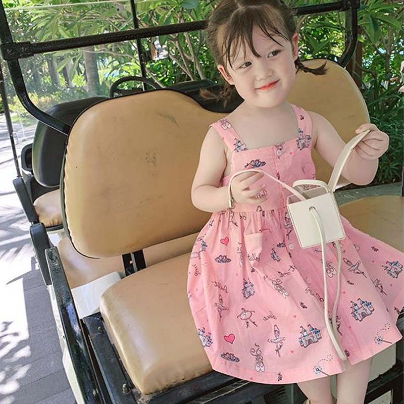 Váy Hè Bé Gái Hai Dây Cotton 100% Thoáng Mát, Màu Hồng Đi Du Lịch Biển Cho Bé 2-3-4-5-6 Tuổi