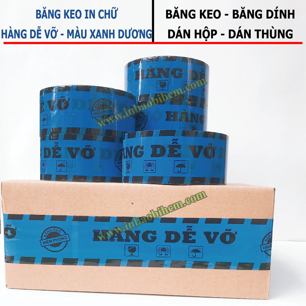 Băng keo HÀNG DỄ VỠ màu XANH DƯƠNG, Dày 50 Mic, Bản 4F8, Băng keo dán thùng, băng keo giá rẽ, InbaobiHCM