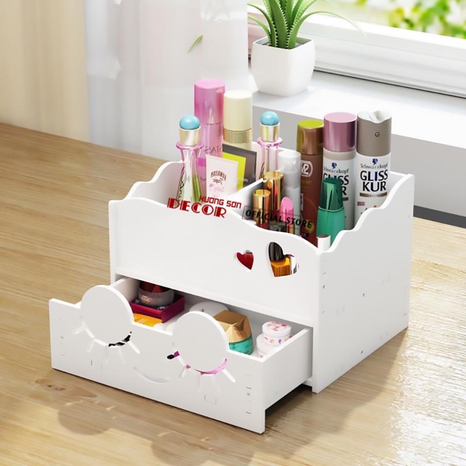 Kệ đựng mỹ phẩm mini 2 tầng gỗ Fomex PVC cao cấp họa tiết mắt mèo KMP 06