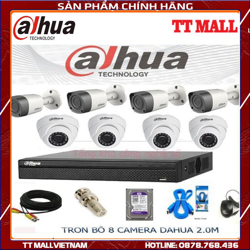 {Giá Hủy Diệt}Trọn Bộ 8 Camera Quan Sát Dahua 2.0 megapixel  Full HD 1080P +HDD 500G + đầy đủ phụ kiện.