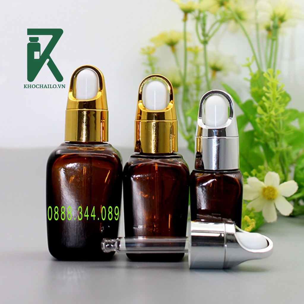 Chai tinh dầu ,serum thủy tinh vuông nâu khoen quai xách vàng,bạc ống thủy tinh bóp trắng 10ml,20ml,30ml,50ml