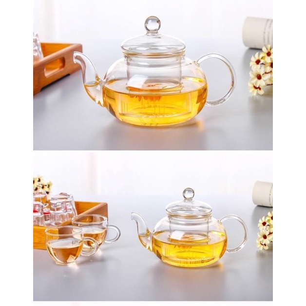 Bộ ấm pha trà, bình trà thuỷ tinh cao cấp chịu nhiệt- lõi lọc và đế nến-khay gỗ-dùng uống trà hoa,saffron -decor-quà Tết