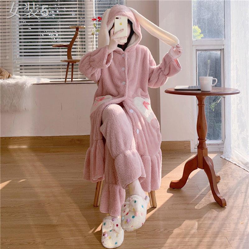 Phong cách Hàn Quốc đồ ngủ mùa thu và đông bộ nữ sinh viên rộng rãi nhung san hô dễ thương cộng với dày trong nh | BigBuy360 - bigbuy360.vn