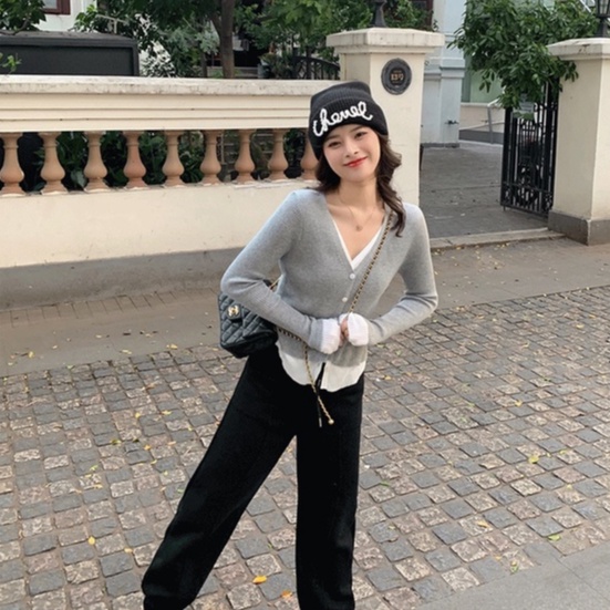 Áo len ZHELIHANGFEI tay dài cổ chữ V giả hai lớp thời trang dễ phối đồ