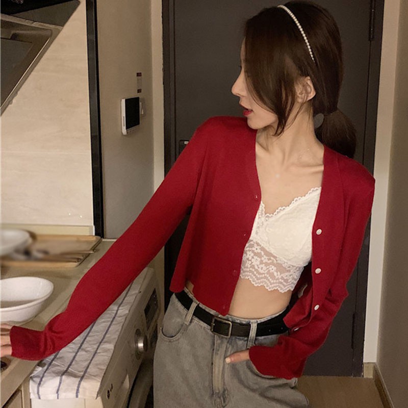 Áo Khoác Cardigan Dệt Kim Cổ Tim Xinh Xắn Cho Nữ