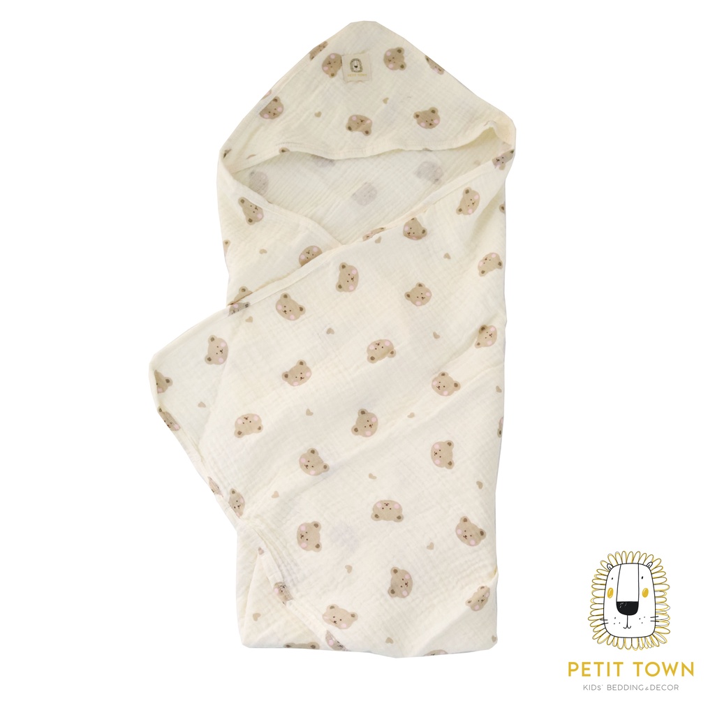 Combo sơ sinh 4 món Petit Town vải xô muslin họa tiết gấu má hồng cho bé gái