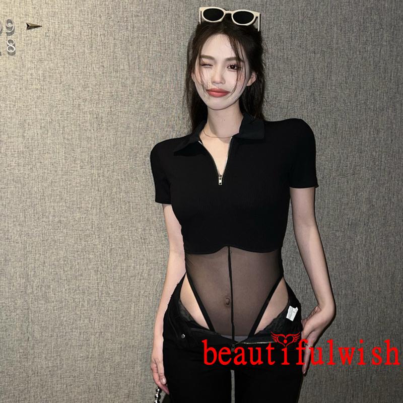 BEAUTIFULWISH-Women Attractive Sheer Bodysuit, Black Solid Color Quarter Zip Turn-down Neckline Romper | BigBuy360 - bigbuy360.vn