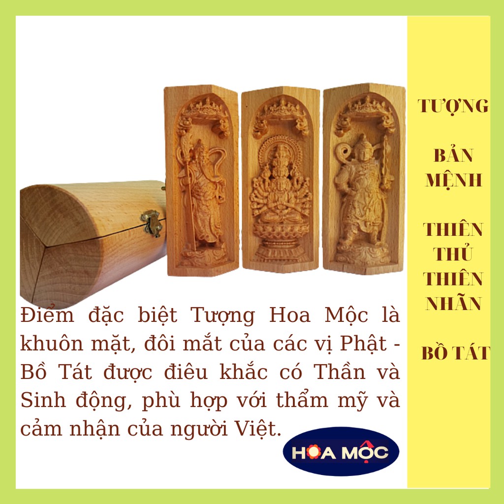 Tượng Phật Bản Thiên thủ Thiên nhãn Bồ Tát, hai vị Già Lam hộ pháp Vi Đà Tôn Thiên – Quan Vũ  13x7cm