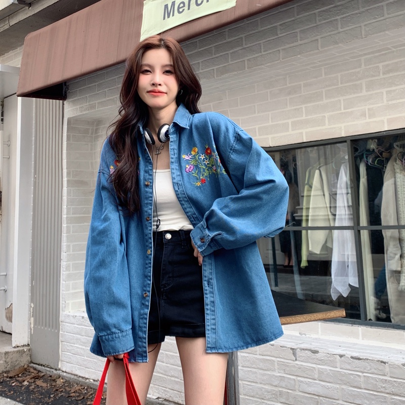 ZHELIHANGFEI Áo Khoác Denim Tay Dài Form Rộng Họa Tiết Thêu Theo Phong Cách Retro Dễ Phối Đồ