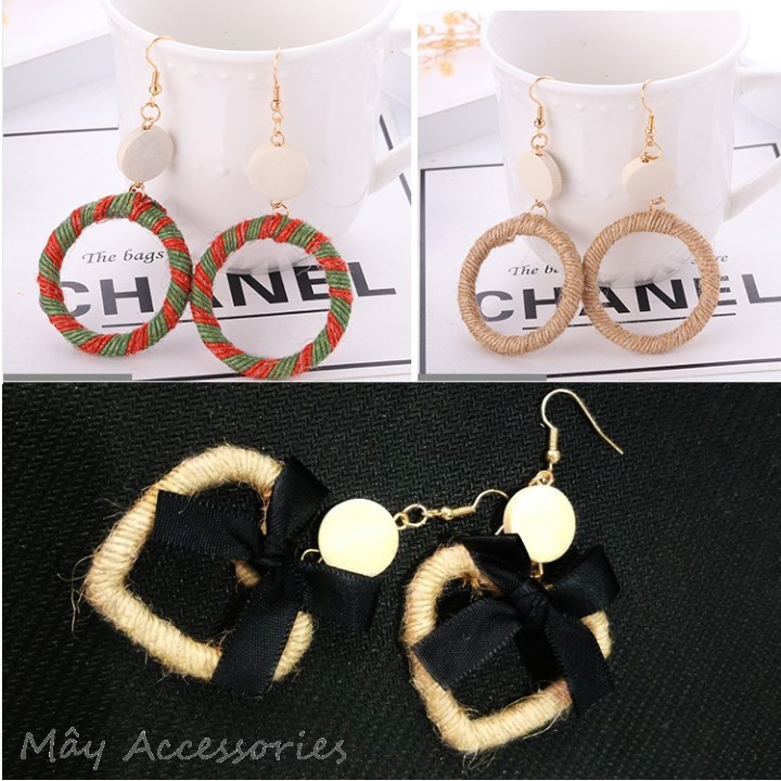 Bông tai thiết kế khoen tròn sợi chỉ vải sọc kiểu khuyên tai Hàn Quốc (nâu kem) [Mây Collections - mùa hè rực rỡ]